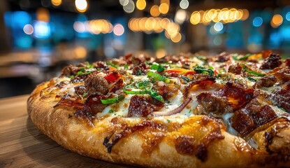 Delicious pizza topped with savory meats, fresh vegetables, and melted cheese, presented on a wooden board, showcasing appetizing textures and inviting ambiance for food lovers