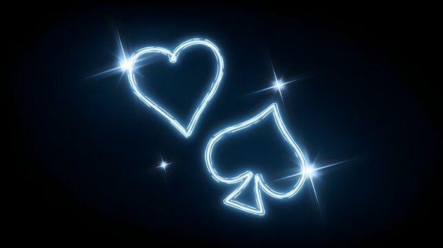 Neon glowing heart and spade card suits on a dark background.