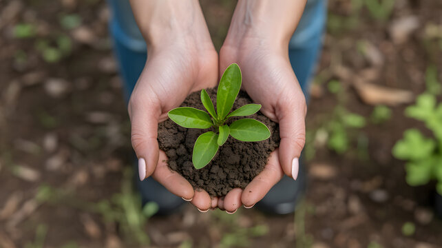 Close-up photograph of hands holding small green plant sprout with soil concept of growth sustainability and environmental care