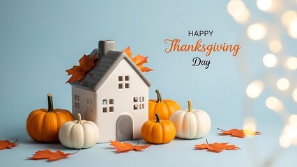 Festive thanksgiving home decor with pumpkins and leaves on a blue background