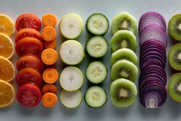Vibrant arrangement of assorted fresh fruits and vegetables, showcasing colorful slices of oranges, tomatoes, cucumbers, kiwis, and red onions, emphasizing healthy eating and nutrition