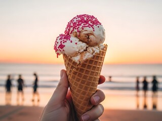 Ice Cream Cone Beach Background, Unrecognizable Hand Holding, Summer Dessert Photo, Beach Vacation Treat