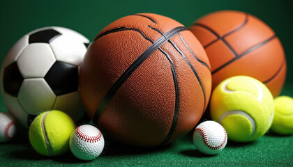 Various sports balls like soccer basketball tennis baseball are arranged on green grass. The collection showcases equipment for team games and individual athletic pursuits.