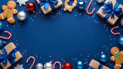 Festive christmas border with gifts candy canes and gingerbread on blue