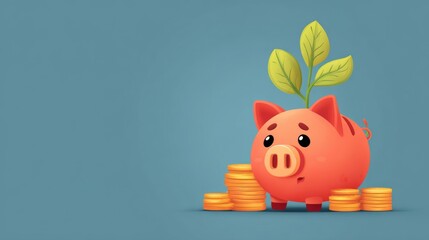 Cartoon orange piggy bank with growing plant sprouts sits beside stacks of gold coins