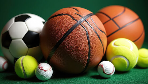 Various sports balls like soccer basketball tennis baseball are arranged on green grass. The collection showcases equipment for team games and individual athletic pursuits.
