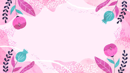 春風と花と植物の背景フレーム 春のナチュラルでフローラルな水彩イラスト枠