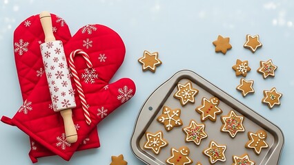 Festive gingerbread cookies with rolling pin and oven mitt for christmas baking
