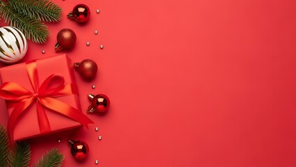Festive red christmas gift with ornaments and evergreen branches on red background