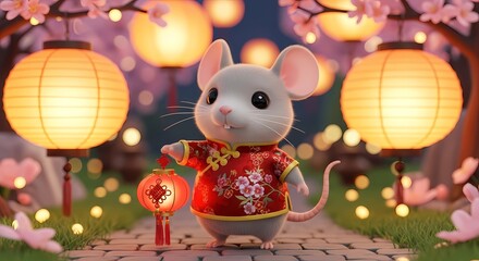 Cute mouse in traditional Chinese costume holding a lantern during Chinese New Year, festive lighting, 4k footage