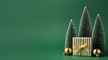 Elegant christmas still life with miniature trees and wrapped gift