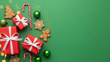 Festive christmas gifts and treats on a green background with copy space