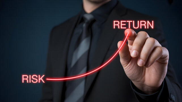Dark business-themed photograph of hand drawing red glowing line with risk and return text concept of financial investment analysis