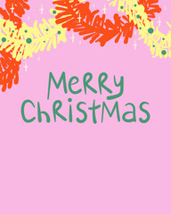 Bright Merry Christmas greeting card with tinsel border. Abstract doodle style poster design. Hand drawn vector design perfect for cards, banner, and seasonal promotions.