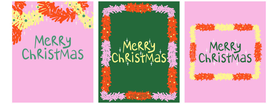 Bright Merry Christmas greeting card set with tinsel frame. Abstract doodle style poster design. Hand drawn vector design perfect for cards, banner, and seasonal promotions.