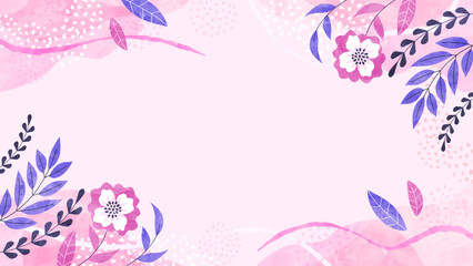 春風と花と植物の背景フレーム 春のナチュラルでフローラルな水彩イラスト枠