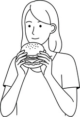Girl Eating Burger Line Art – Isolated on Transparent Background – Black and White Food Illustration