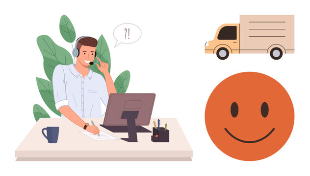 Customer support agent with headset working at a desk, delivery truck emphasizing logistics, and happy face symbolizing positive feedback. Ideal for logistics, customer care, service quality