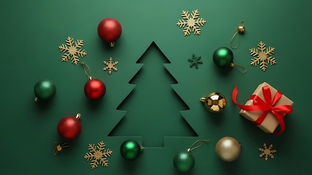 Festive christmas tree silhouette surrounded by ornaments on green background - Powered by Adobe