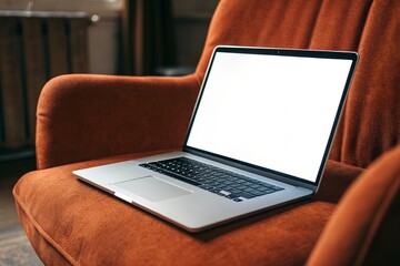 Laptop computer with blank screen on orange armchair