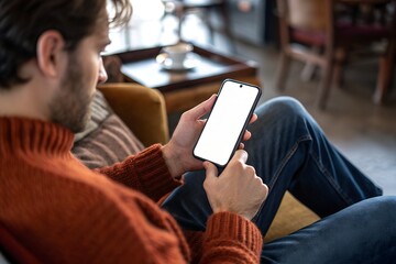 Young man relaxing on sofa while looking at smartphone