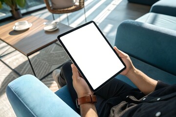 Man holding blank tablet while relaxing on sofa