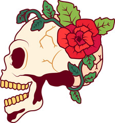 Human Skull with Rose Flower, Halloween Theme for Tattoos