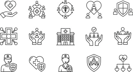 Healthcare medical service icons, hospital support symbols, patient care vector, health protection line art, cad drawing flat vector illustration