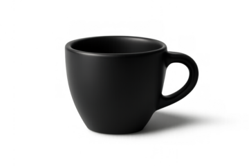 Black ceramic coffee cup on transparent background, ideal for mockups, branding, and hot beverage presentations