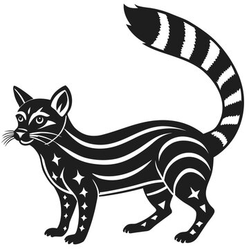 Stylized black and white ringtail cat illustration with star patterns
