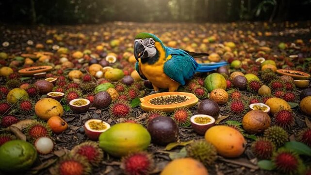 Tropical Feast: A Macaw's Paradise Amidst Exotic Fruits in Jungle Setting