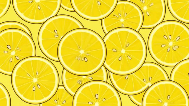 A bright yellow, close-up, repeating pattern of cartoon-style lemon slices with visible seeds on a solid yellow background