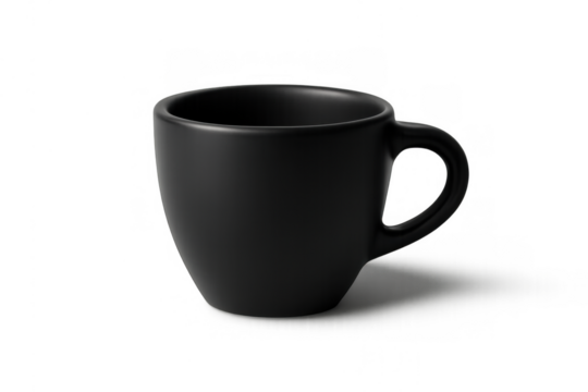 Black ceramic coffee cup on transparent background, ideal for mockups, branding, and hot beverage presentations