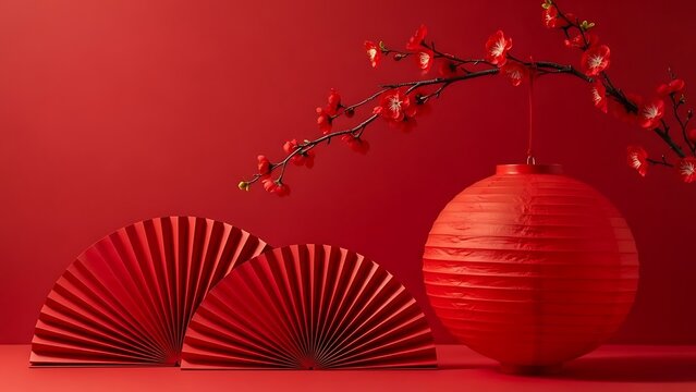 Festive chinese new year decorations with red lantern and paper fans