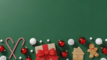 Festive christmas decorations and gift box on green background with copy space
