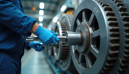 Worker in blue suit with gloves tightens bolt with wrench. Large metal gears interlock on factory floor. Industrial machinery maintenance or assembly.