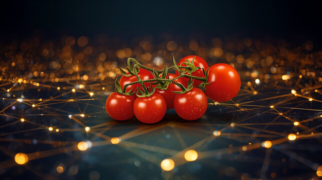 Branch of Cherry Tomatoes as Tiny Globes with Complex Luminous Financial Network Backdrop.