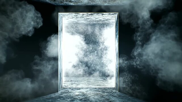 A misty ethereal rectangle floats in a stone room