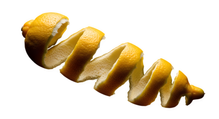 Lemon peel spiral close up isolated on transparent background