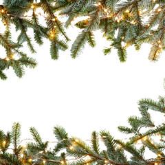 Festive christmas tree branches with warm glowing fairy lights framing empty space isolated on transparent background