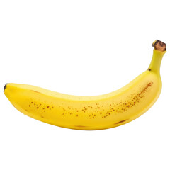 A single ripe yellow banana with brown spots ready for eating on transparent background
