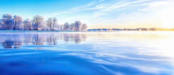 A beautiful winter landscape featuring a lake reflecting trees and a bright, sunny sky. The scene is serene and peaceful, with a touch of morning mist.