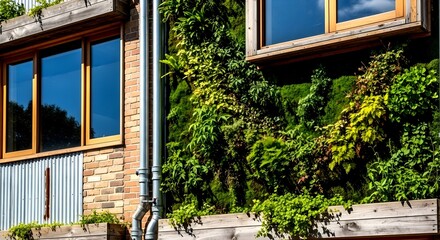 Lush Vertical Garden Adorns Building Facade with Windows and Met