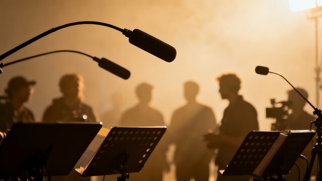 Generative AI recording session with crew and microphones. - Powered by Adobe