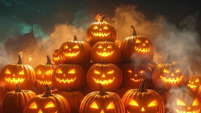 Large Pile Of Spooky Glowing Jack O Lantern Pumpkins In Dark Night With Fire And Smoke Effects Dramatic Lighting Halloween Atmosphere