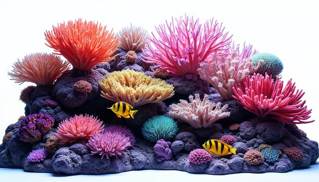 Colorful reef with diverse coral and marine life. Two yellow striped fish swim near vibrant underwater plants. Exotic aquatic ecosystem thrives in clear saltwater.