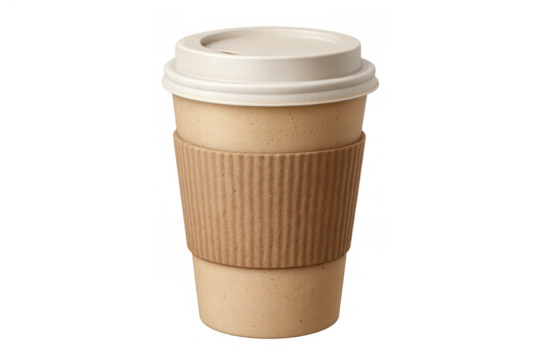 Coffee cup takeaway paper with sleeve, disposable hot beverage container for on-the-go drinks, transparent background