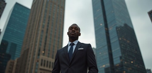 Young African American businessman stands confidently in a city center. Tall modern skyscrapers surround him. He wears a smart suit and tie, looking forward with pride.