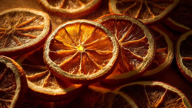 A detailed macro photograph of dehydrated orange slices glowing with warm backlighting, creating a beautiful textured background - Powered by Adobe