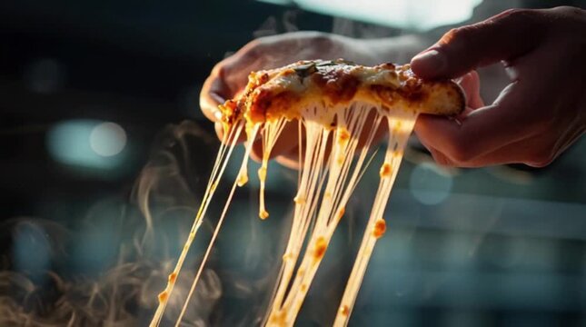Mouthwatering cheese pull from a slice of hot pizza, a delicious comfort food experience